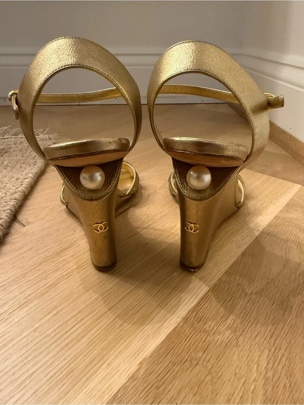 Chanel Metallic Gold Wedge Pearl Sandal 37